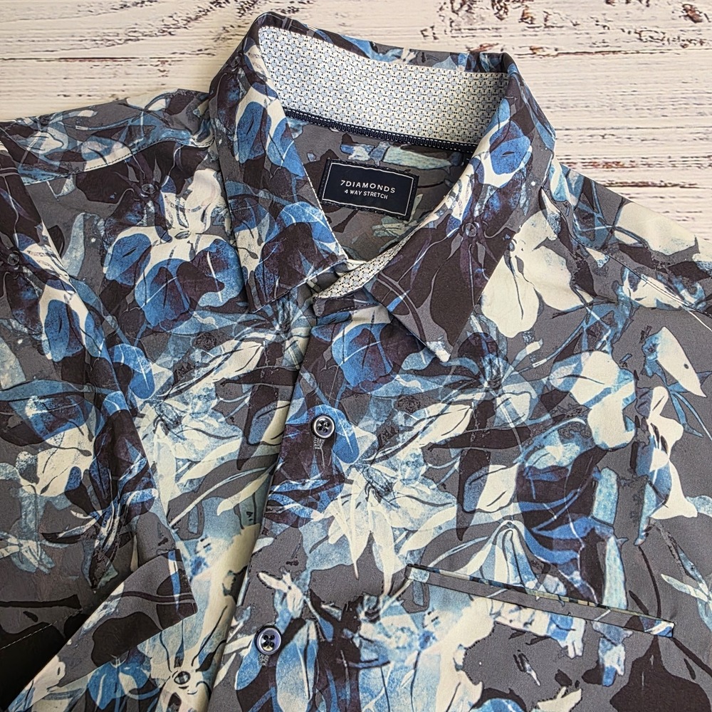 7 Diamonds 4 Way Stretch Mens Medium Blue Floral Performance Button‎ Up Bravado
